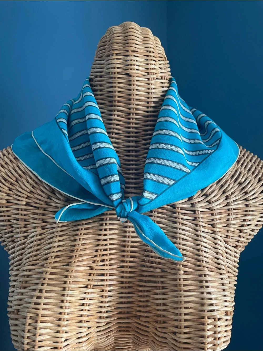 Vintage Square Silk Scarf Neckerchief Teal Blue Geometric Stripe Pattern